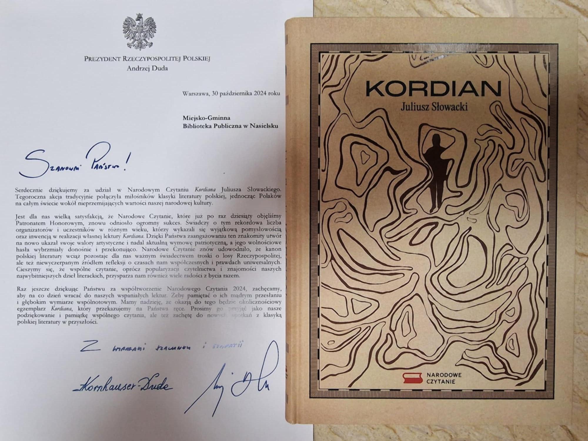 Z ogromną radością informujemy Państwa, że otrzymaliśmy podziękowania oraz okolicznościowy egzemplarz "Kordiana" Juliusza Słowackiego z autografami Pary Prezydenckiej za udział w Narodowym Czytaniu. 