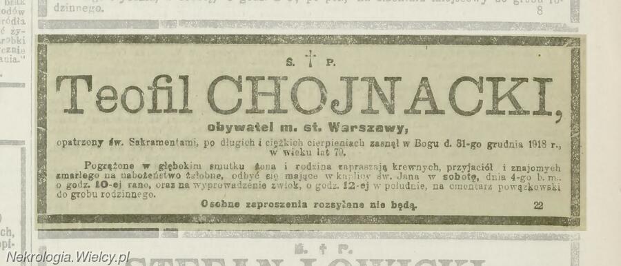 Nekrolog śp. Teofila Chojnackiego zamieszczony w prasie warszawskiej.
