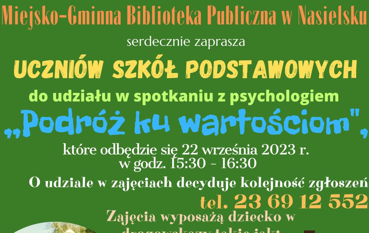 Zdjęcie do Serdecznie zapraszamy uczni&oacute;w szk&oacute;ł podstawowych do udziału w cyklu spotkań z psychologiem "Podr&oacute;ż ku wartościom".