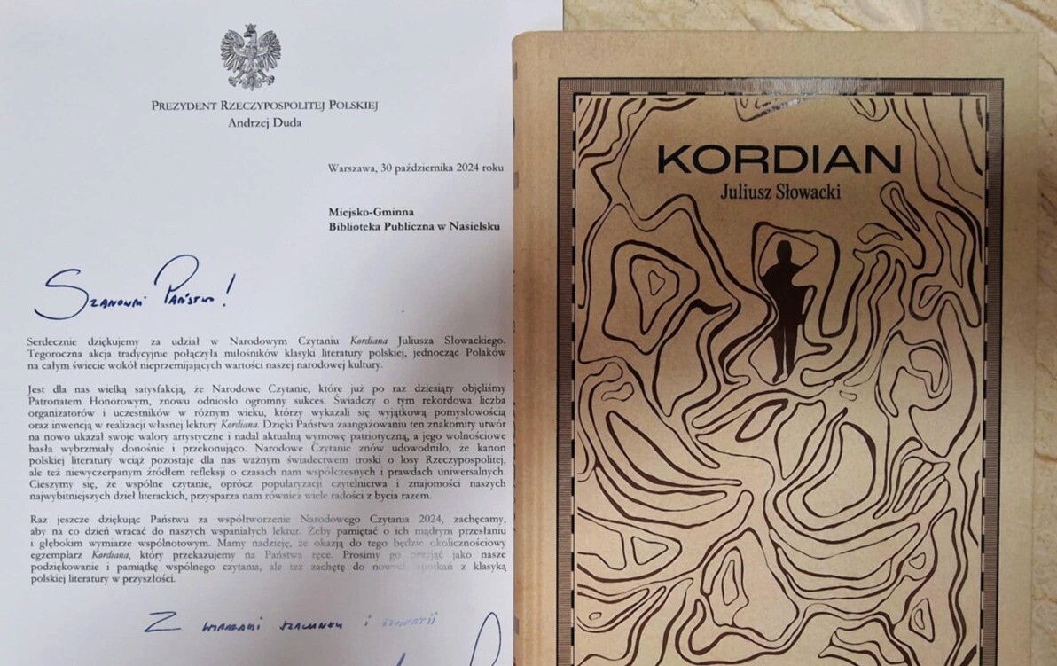 Zdjęcie do Z ogromną radością informujemy Państwa, że otrzymaliśmy podziękowania oraz okolicznościowy egzemplarz "Kordiana" Juliusza Słowackiego z autografami Pary Prezydenckiej za udział w Narodowym Czytaniu. 
