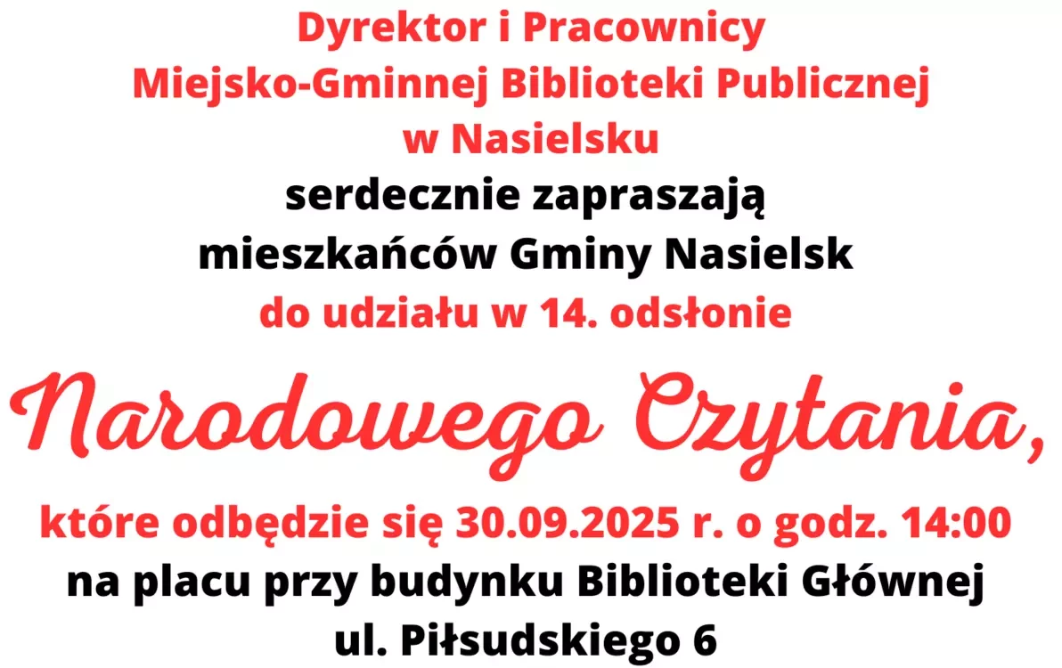 Zdjęcie do Kochani Mieszkańcy Gminy Nasielsk! Serdecznie zapraszamy Państwa do udziału w 14. odsłonie Narodowego Czytania!