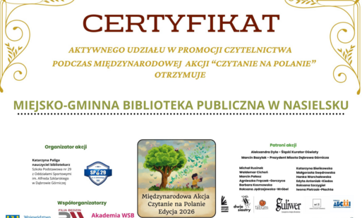 Zdjęcie do Certyfikat z akcji "Czytanie na Polanie"