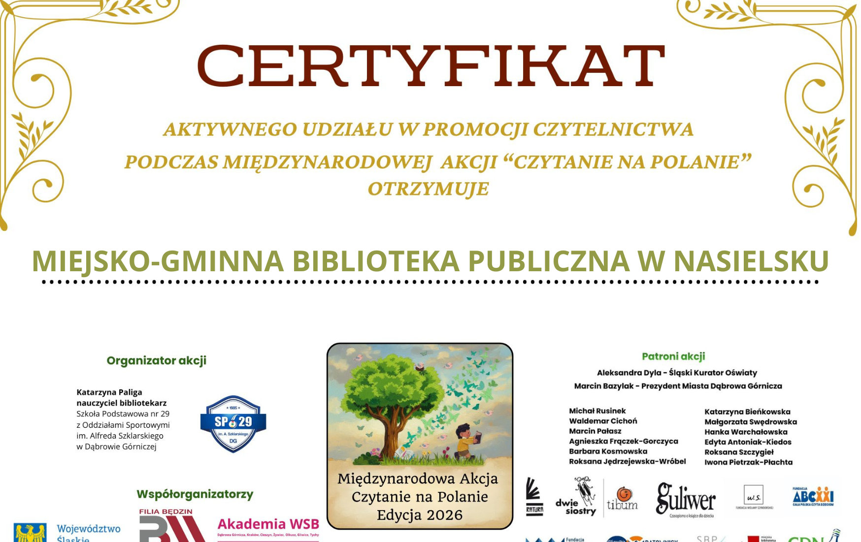 Zdjęcie do Certyfikat z akcji "Czytanie na Polanie"